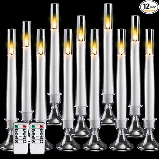 Comenzar 12PC Flameless Taper Candles - LED Candles, Flickering Design with Base, Perfect for Home, Windows，Decoration，Weddings, Parties (White)
