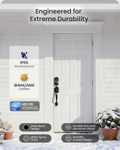 Veise VE027-H WiFi Fingerprint Smart Deadbolt Lock with Handleset, App Remote Control, Keyless Entry Front Door Lock Set, Built-in Wi-Fi, Touchscreen Keypad, Auto-Lock, Easy Setup, Matte Black