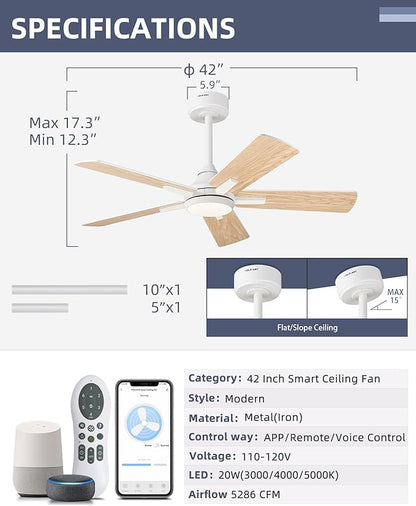 YOUKAIN Ceiling Fans with Lights, 42 Inch White Ceiling Fan, Smart Ceiling Fan Remote & APP Control, Reversible Blades, Modern Outdoor Ceiling Fans for Living Room, Bedroom, 42-YJ812-WH