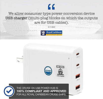 Cruise Approved Power Strip (Royal Caribbean, Disney & More) - Non Surge Charger [2 USB, 2 USB-C] 4-Port Charging Block w/Foldable Plug for iPhone, iPad, Laptops & More - Cruise Ship Essentials 2025