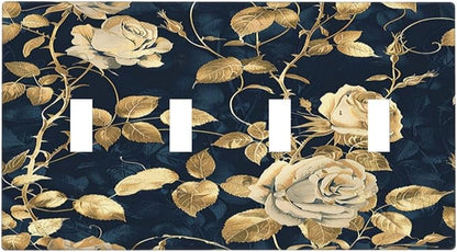 Light Switch Covers Boho Vintage Floral Golden Flower Dark Blue Background Quad Toggle Electrical Faceplate 4 Gang Wall Plate Decorative Switch Plates for Bedroom living Room Decor