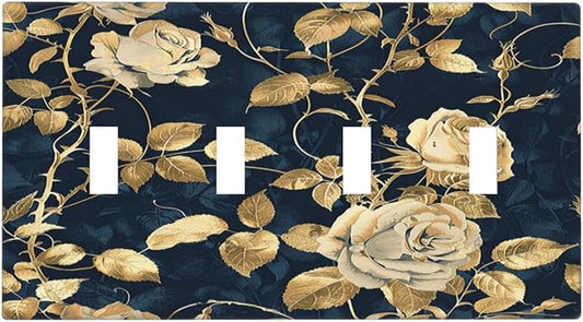 Light Switch Covers Boho Vintage Floral Golden Flower Dark Blue Background Quad Toggle Electrical Faceplate 4 Gang Wall Plate Decorative Switch Plates for Bedroom living Room Decor