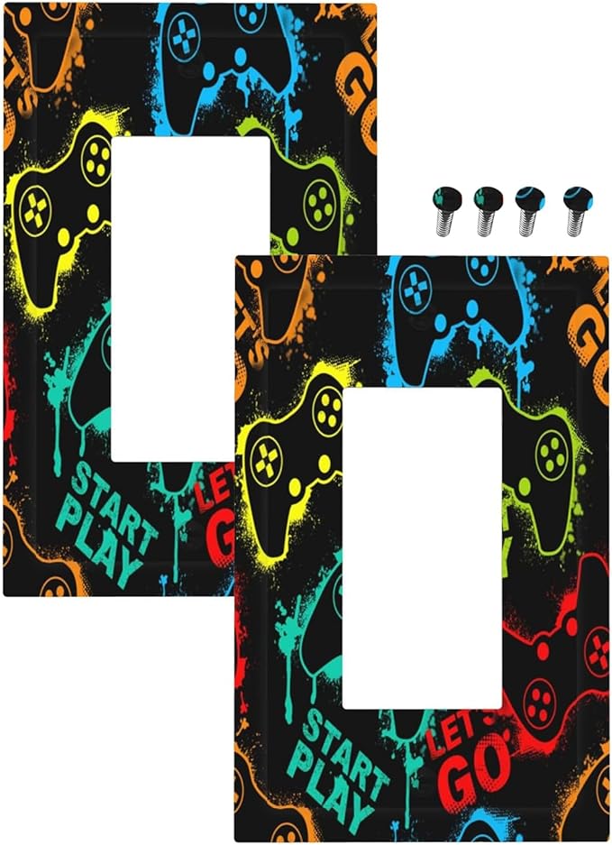 Decorative Outlet Covers Gamepad Theme Graffiti 1 Gang Rocker Light Switch Cover Plate Single Decora Light Switch Covers Wall Plate Faceplate for Game Room Bedroom Decor （2 Pack）