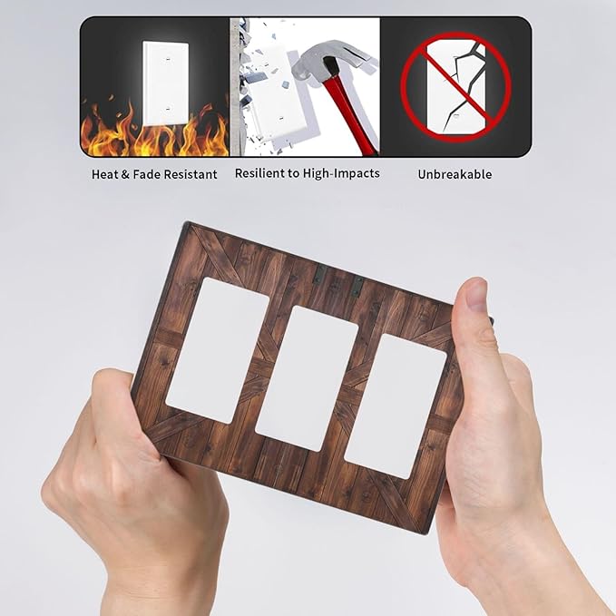 Decorative Outlet Covers Vintage Brown Farmhouse Barn Door 3 Gang Light Switch Cover Plate Triple Rocker Wall Plates for Electrical Outlets Switch Plate Covers for Bedroom Home Decor
