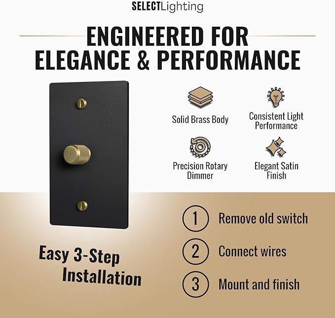 SELECT Black Brass Dimmer Light Switch, 1 Way Rotary Dimmer, 1 Gang TRIAC/Leading Edge Dimmable LED Light Switch, 15A 120V AC with Brass Knob, Faceplate & Dimming Module, UL Listed