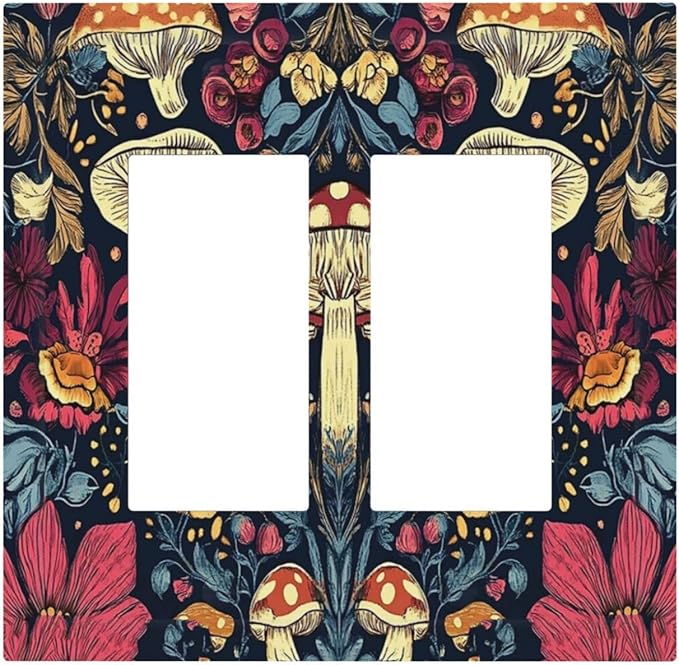 Decorative Outlet Covers Coloful Red Yellow Orange Magical Mushroom Forest 2 Gang Double Rocker Light Switch Cover Plate Electrical Switch Plate Cover Decorate GFCI Wall Plate for Bedroom Home Decor