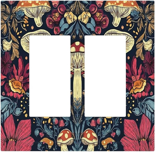 Decorative Outlet Covers Coloful Red Yellow Orange Magical Mushroom Forest 2 Gang Double Rocker Light Switch Cover Plate Electrical Switch Plate Cover Decorate GFCI Wall Plate for Bedroom Home Decor