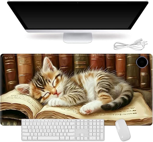 Heated Mouse Pad for Desk 31.5" x 13" – PU Leather Warm Desk Pad with 3 Heat Levels (104°F/113°F/122°F), Plug-in Electric Heating Mat with Auto Shut-Off, Waterproof & Rollable, Kitten on Book