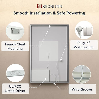 Keonjinn 42 x 36 Inch Backlit Bathroom Mirror with Lights, Frameless LED Mirror with Beveled Edge, HD Tempered Glass, UL-Listed Driver, 3000K/4500K/6500K, Defogging, Lighted Mirrors for Bathroom Wall