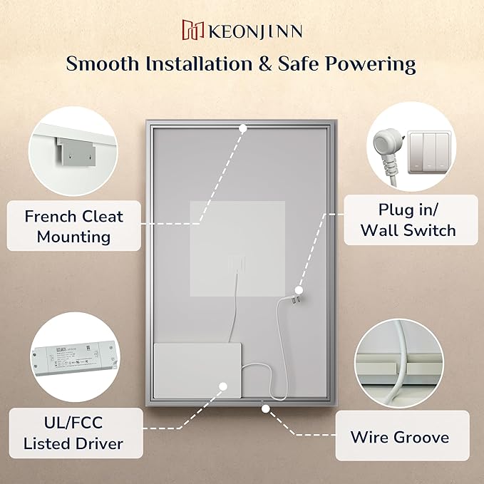 Keonjinn 48 x 36 Inch Large LED Bathroom Mirror with Backlight, Backlit Mirror with Beveled Edge, Safe Tempered Glass, UL-Listed Power Driver, 3 Color Lights, Safe Defogging, Memory Function