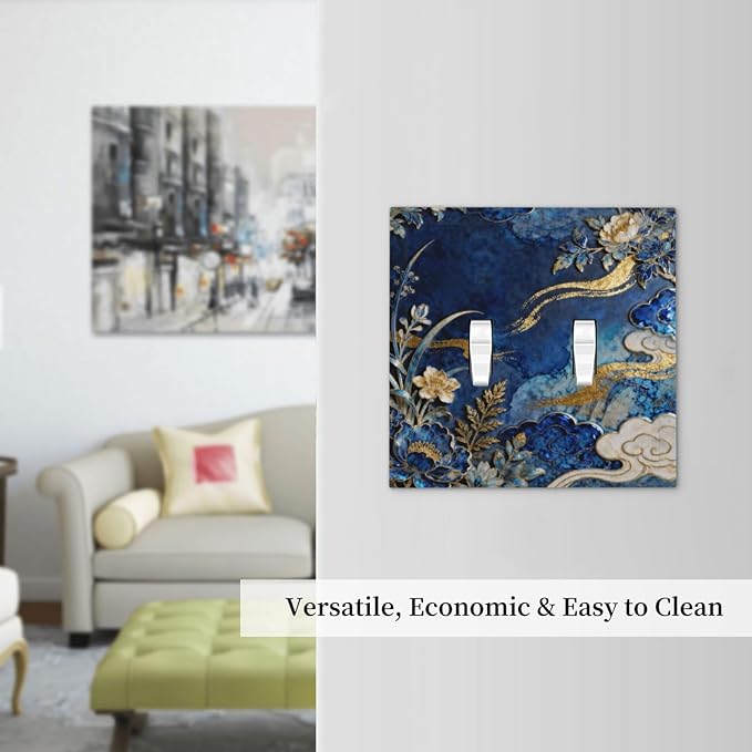 Decorative Light Switch Cover Plate Blue White Flower Gold Line Cloud 2 Gang Outlet Covers Double Toggle Wall Plates for Electrical Outlets Switch Plate Covers Faceplate for Home Decor