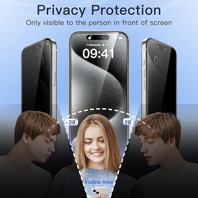 JETech Privacy Screen Protector for iPhone 15 Pro 6.1-Inch with Camera Lens Protector, Anti-Spy Tempered Glass Film, Easy Installation Tool, 2-Pack Each
