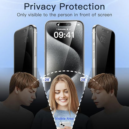 JETech Privacy Screen Protector for iPhone 15 Pro 6.1-Inch with Camera Lens Protector, Anti-Spy Tempered Glass Film, Easy Installation Tool, 2-Pack Each