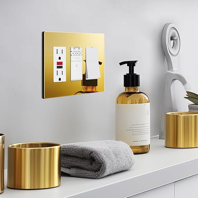 LIDER Triple Decorator Wall Plate, Impact Resistant, Mirrored Acrylic, Plexiglass, Reflective Finish, Modern Upgrade, Screwless Light Switch/Outlet Cover, Mid-Size 3-Gang 4.88" x 6.77" Gold