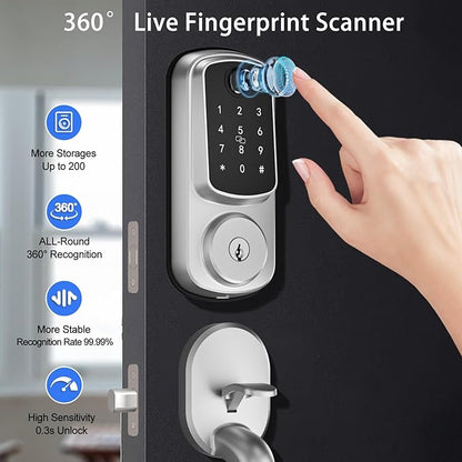 Keyless Entry Door Lock with Handle Set, Keyless Entry Deadbolt with Handle Set, Smart Locks for Front Door Alexa Fingerprint Auto Lock,Silver