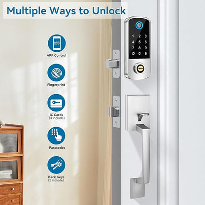 Keyless Entry Door Deadbolt with Handle Set, BEBASIA Fingerprint APP Smart Door Lock, Digital Keypad Bluetooth Deadbolt Lockset with Auto Lock Code Fob Satin Nickel