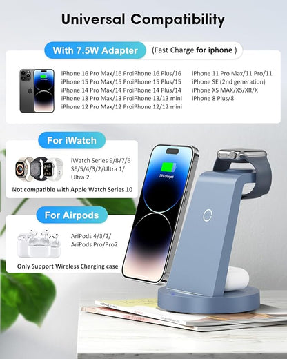 3 in 1 Charging Station for Apple Device, Wireless Charger for iPhone 16 15 14 13 12 11 Pro Max & Apple Watch iwatch- Charging Stand Dock for AirPods