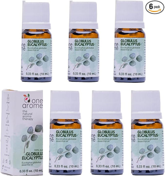 Eucalyptus Globulus Essential Oil by One Arome – Pure, Undiluted & Steam-Distilled Herbal Aroma for Diffusers for Home, Massage (Dilute), Cleaning & Linen Refresh (Pack of 6 × 0.34 fl oz)