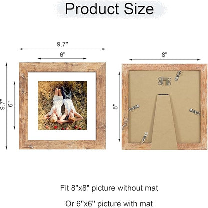 iRahmen 8x8 Picture Frame with HD Tempered Glass, Display Pictures 6x6 with Mat or 8 x 8 Without Mat, Wood Photo Frame for Tabletop and Wall (Rustic Brown, 1 Pack)