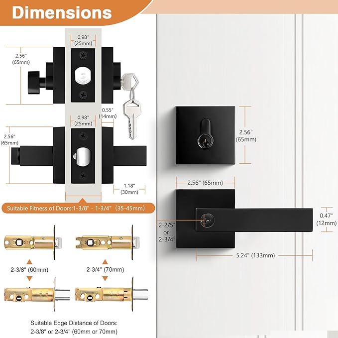 Probrico Flat Black Entry Levers Lock Sets and Single Cylinder Deadbolts Keyed Alike Combination Set, Heavy Duty Square Entry Door Locksets Front Door Bedroom Entrance Handles, 6 Pack(All Same Keys)