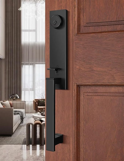 Full Escutcheon HandleSet Front Door Entry Handle and Deadbolt Lock Set Slim Square Single Cylinder Deadbolt and Lever Heavy Duty – Matte Black Finish