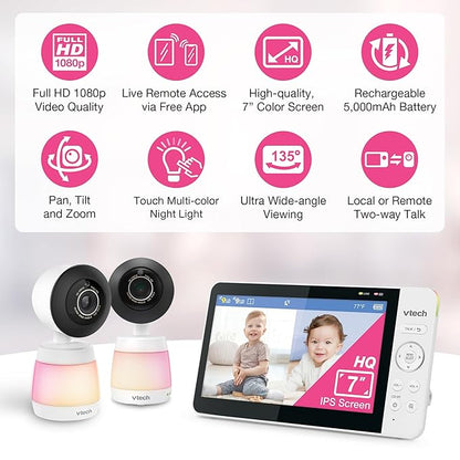 VTech 2-Cameras Smart WiFi Baby Monitor with 1080p FHD Video, Free App with Motion Video, Sound/Motion Detection and Notifications, 7" IPS Display with Split-Screen, Pan-Tilt-Zoom: Smart HQ Max Twin