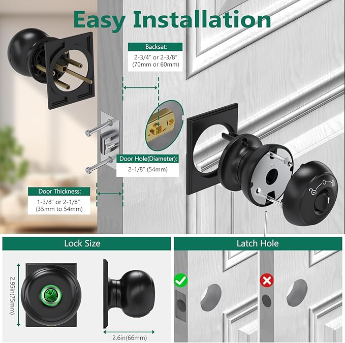 GeekTale Fingerprint Door Lock, Smart Lock with App, Biometric Door Lock, Thumbprint Door Knob, Smart Fingerprint Door Knob for Bedroom, Office, Apartment