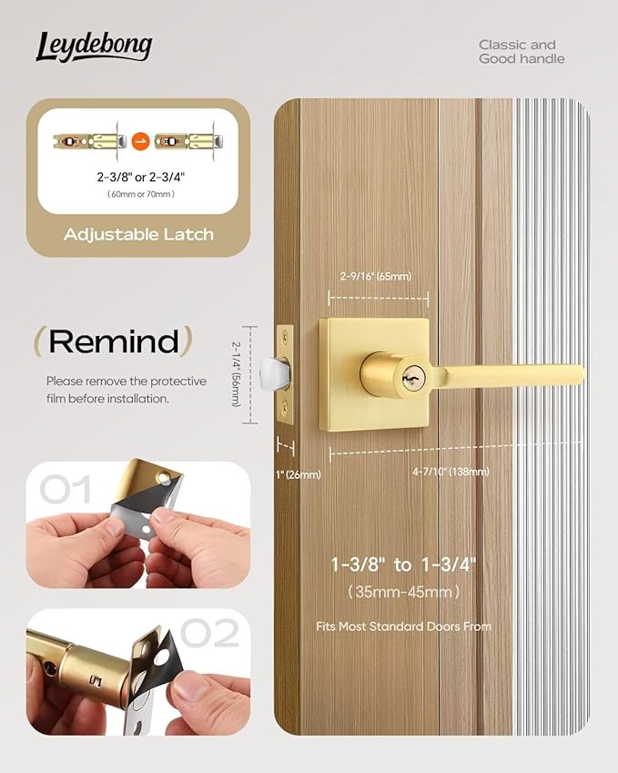 Leydebong 1 Pack Door Lever Lock Satin Brass Front/Exterior Door Handle Set Keyed Alike/Combo Keys, Gold Heavy Duty Left/Right Handing Exterior Door Handle, Entry Door Handle