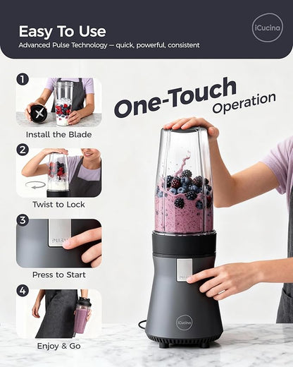 iCucina Smoothie Blender, Personal Blender for Shakes and Smoothies, 700W Pulse Technology Single Serve Blenders with 2 x 28oz Protable Cups for Ice Crush, Frozen Fruit Drinks