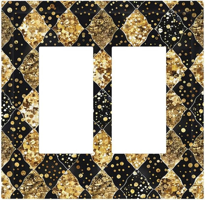 Gold Black Marble Geometric Plaid Glitter Decorative Outlet Covers 2 Gang Double GFCI Rocker Light Switch Cover Plate Electrical Wall Panels for Bedroom Bathroom Decor