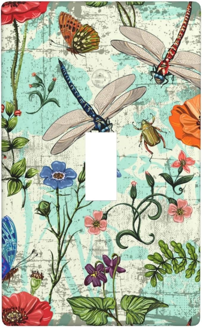 Dragonflies Flowers Butterfly 1 Gang Single Toggle Outlet Light Switch Cover Decorative Single Toggle Wall Plate Cover For Home Living Bedroom Kitchen Decorative