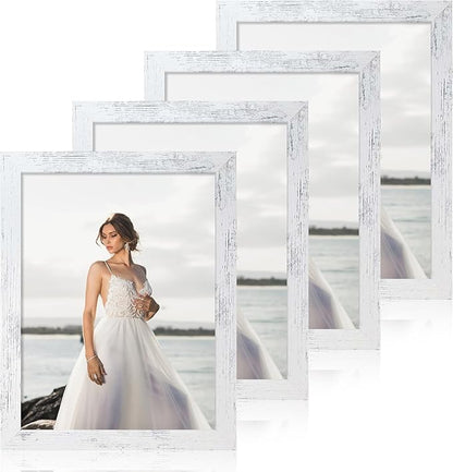 iRahmen 8.5x11 Picture Frame Set of 4, Distressed White Certificate Frame with Real Glass, Wood Photo Frames 8.5 by 11 Diploma Document for Wall Hanging and Tabletop Display