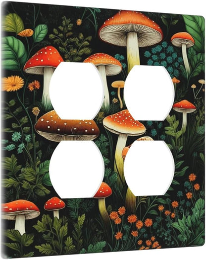 Decorative Outlet Covers Red Mushroom Flowers Green Leaf Plants 2 Gang Wall Plate Double Duplex Light Switch Cover Switch Plate Covers Faceplate for Bedroom Home Decor