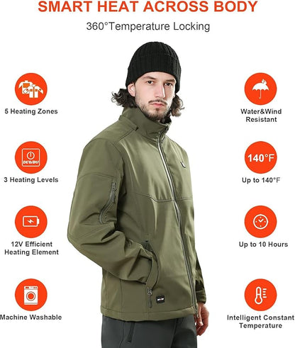 DEWBU Soft Shell Heated Jacket for Men with 12V Battery Pack and Detachable Hood Outdoor Electric Heating Coat