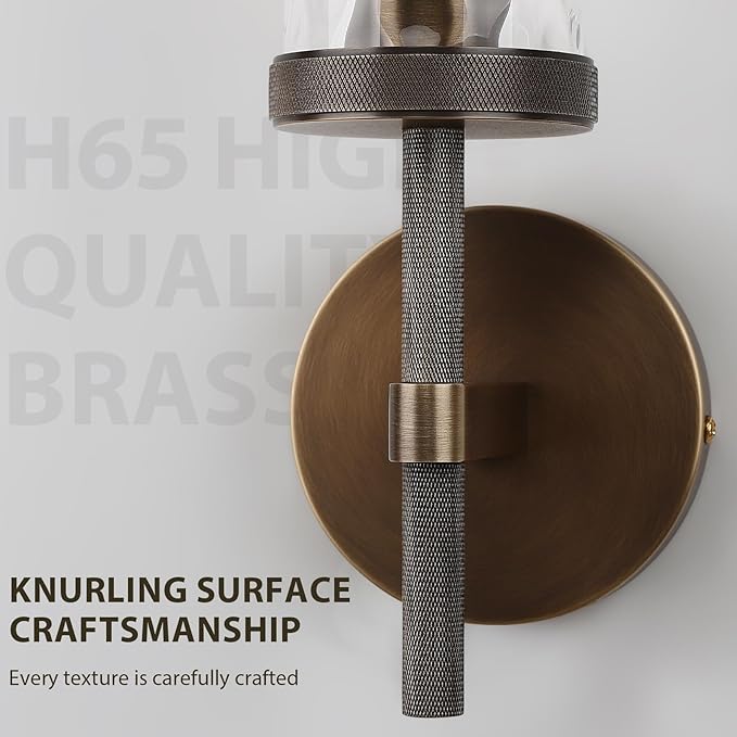 15" Knurled Brass Wall Sconces Set of 2, Bronze Bathroom Vanity Light Fixtures with Water Ripples Glass Tube, Modern Lamp Lighting for Bedroom, Living Room, Hallway, Staircase, Mirror, Kitchen