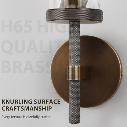15" Knurled Brass Wall Sconces Set of 2, Bronze Bathroom Vanity Light Fixtures with Water Ripples Glass Tube, Modern Lamp Lighting for Bedroom, Living Room, Hallway, Staircase, Mirror, Kitchen