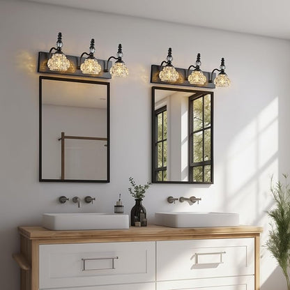 Modern Crystal Bathroom Vanity Light Black Vintage Bathroom Light Fixtures 3-Lights Glass Crystal Vanity Lights