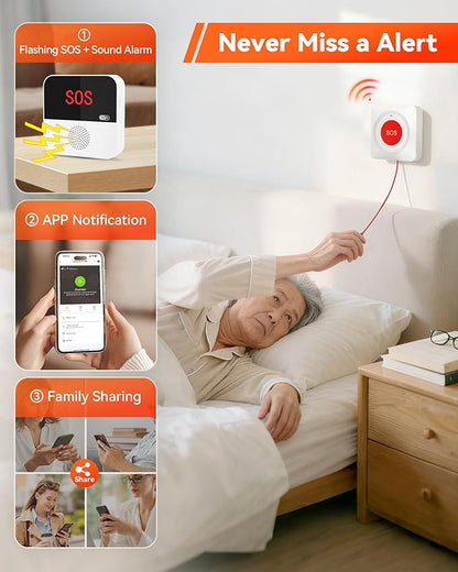 WiFi Caregiver Wireless Call Button System - 2 Lanyard + 1 Pull Cord Emergency Button, No Monthly Fee APP Alert, Custom Names/Tones, Elderly Safety for Mobile, Bathroom & Bedside Care