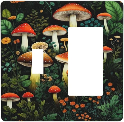 Decorative Outlet Covers Boho Red Mushroom Green Leaf Plants Floral 2 Gang 1 Gang Wall Plate Cover Single Toggle Rocker Combo Light Switch Plate Covers Jumbo Switch Cover Plate