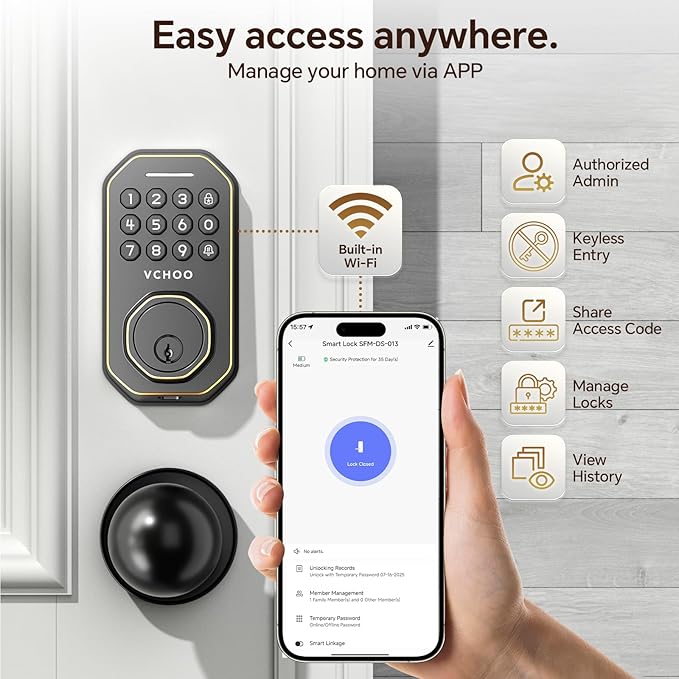Keyless Entry Door Lock with 2 Knobs App Control Smart Locks for Front Door WiFi Door Lock Set Automatic Lock One Time Password Anti Peeping Password IP54, Bronze