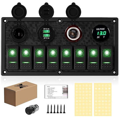 8 Gang Rocker Switch Panel, 3.1A Dual USB Charger Socket with Multi-Function LED Digital Voltmeter, 12/24V Wired Toggle Switch Panel for Automotive Cars Marine Boats RVs(Green)
