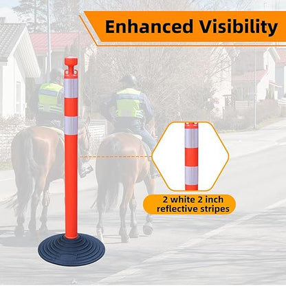 6 Pack 39 Inch Red Traffic Delineator Posts with 2 White Reflective Collars, Safety Posts Cones with 6.6 Feet Chains and 14 Inch Rubber Base for Road Safety,Parking Lot (Red)