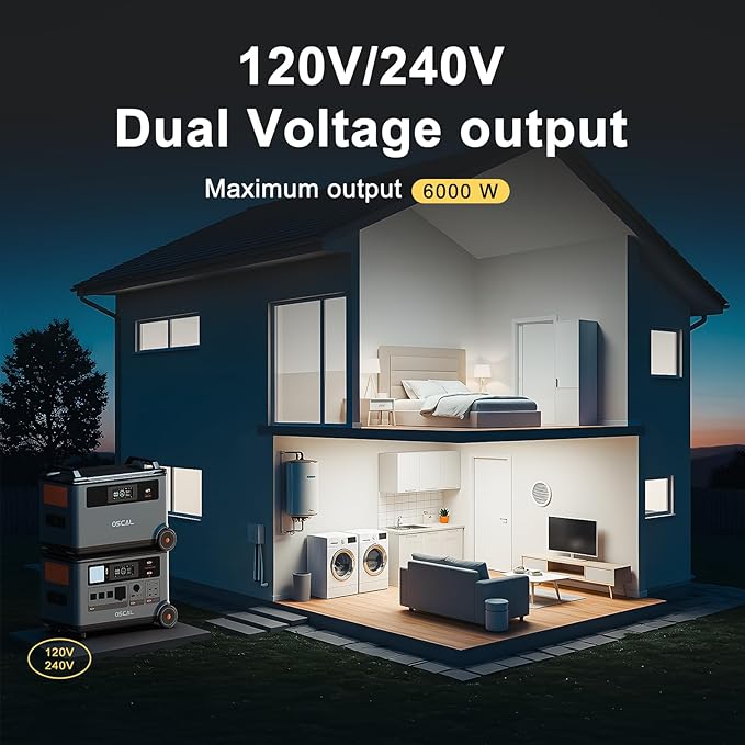 OSCAL 6000W Solar Generator(2025 New),120V/240V Split Phase Voltage Portable Power Station PowerMax 6000 with 4×200W Panel, 6000w AC Output (9000W Surge),2400W MPPT Solar for Emergency 001