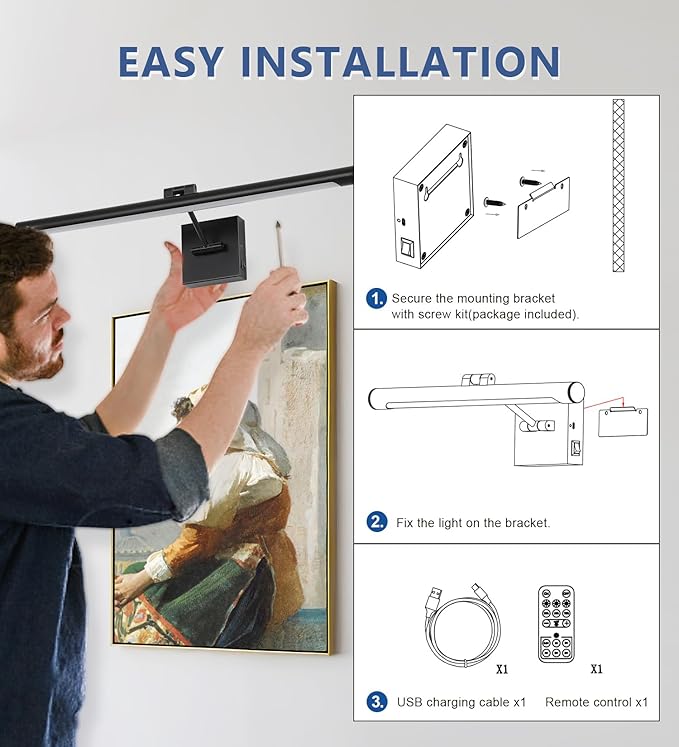 Joosenhouse Battery Operated Picture Lights for Wall Rechargeable Art Lighting for Paintings Wireless Gallery Lights with Remote Control and Timed Dimmable with Single Swing Arm 24.4 Inch Black