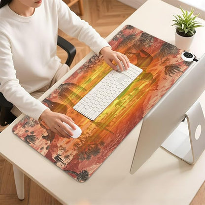 Heated Desk Pad Mouse Pad 31.5x13 Inch PU Leather Desk Mat with 3 Heat Levels Large Mouse Gaming Computer Laptop Mat Cowboys Horses Cactus Desert