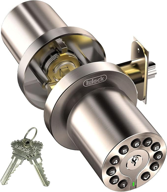 Waterproof Electronic Door Knob with Keypad and Key, Auto Lock, Satin Nickel, 50 Codes, Easy to use and install for Office/Warehouse/Bedroom/Garage