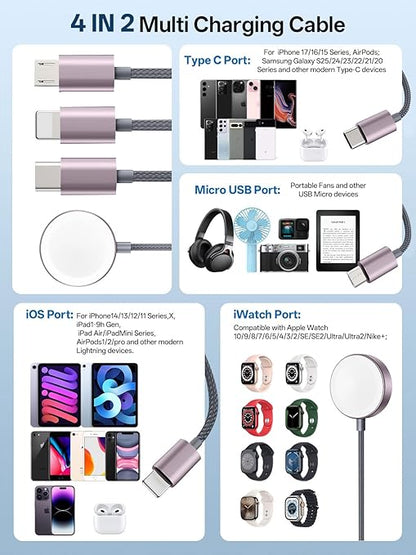 Travel Essentials, 4 in 2 Multi Charging Cable for Apple Watch Charger/iPhone Charger,USB C Cable Cord for iPhone 17-11/iWatch Ultra/10-2/Galaxy S25-S20, Android Phones, Kindle, MP3-Grey,4FT