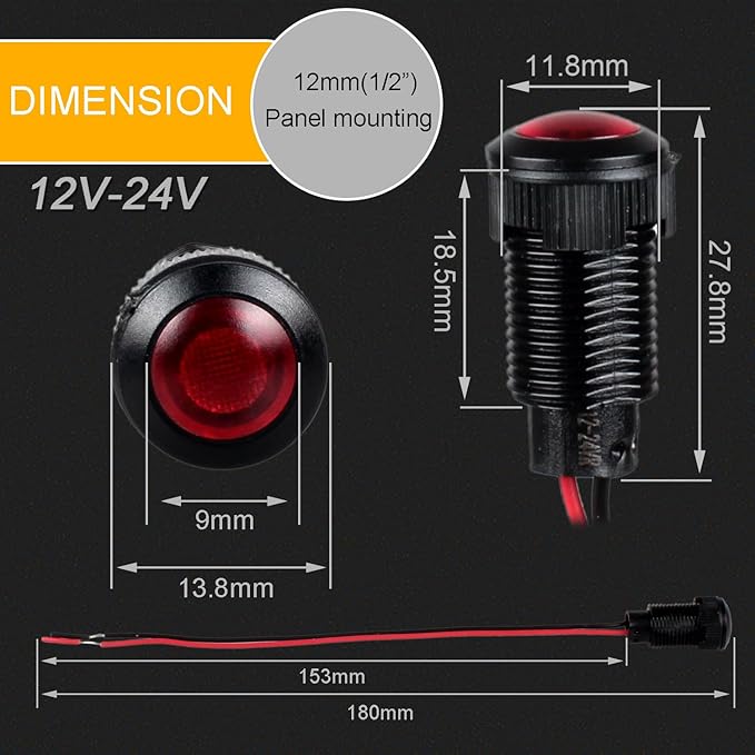 5pcs 12mm 12V-24V LED Indicator Light Plastic Black Signal Dot Lamp 1/2 inches Mounting Hole Size with 15cm/5.9in. Wire (Red LED)