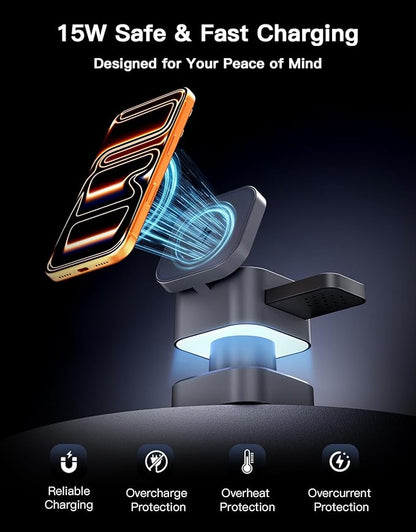 3 in 1 Wireless Charging Station, Wireless Charger with Night-Lamp & Retractable Design, Phone Wireless Charger Fast Charger for Phone 17/16/15/14/13/12/11/X Pro/Max/Plus/Watch/pods