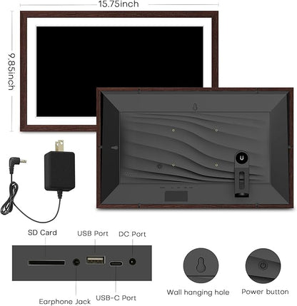 Digital Picture Frame Frameo, Large 15.6 Inch Digital Photo Frame, WiFi Electric Frame, 1920 * 1080 IPS FHD Touchscreen, 32GB, Tabletop&Wall-Mounted, Share Video Picture, Gifts for Mom, Black Walnut